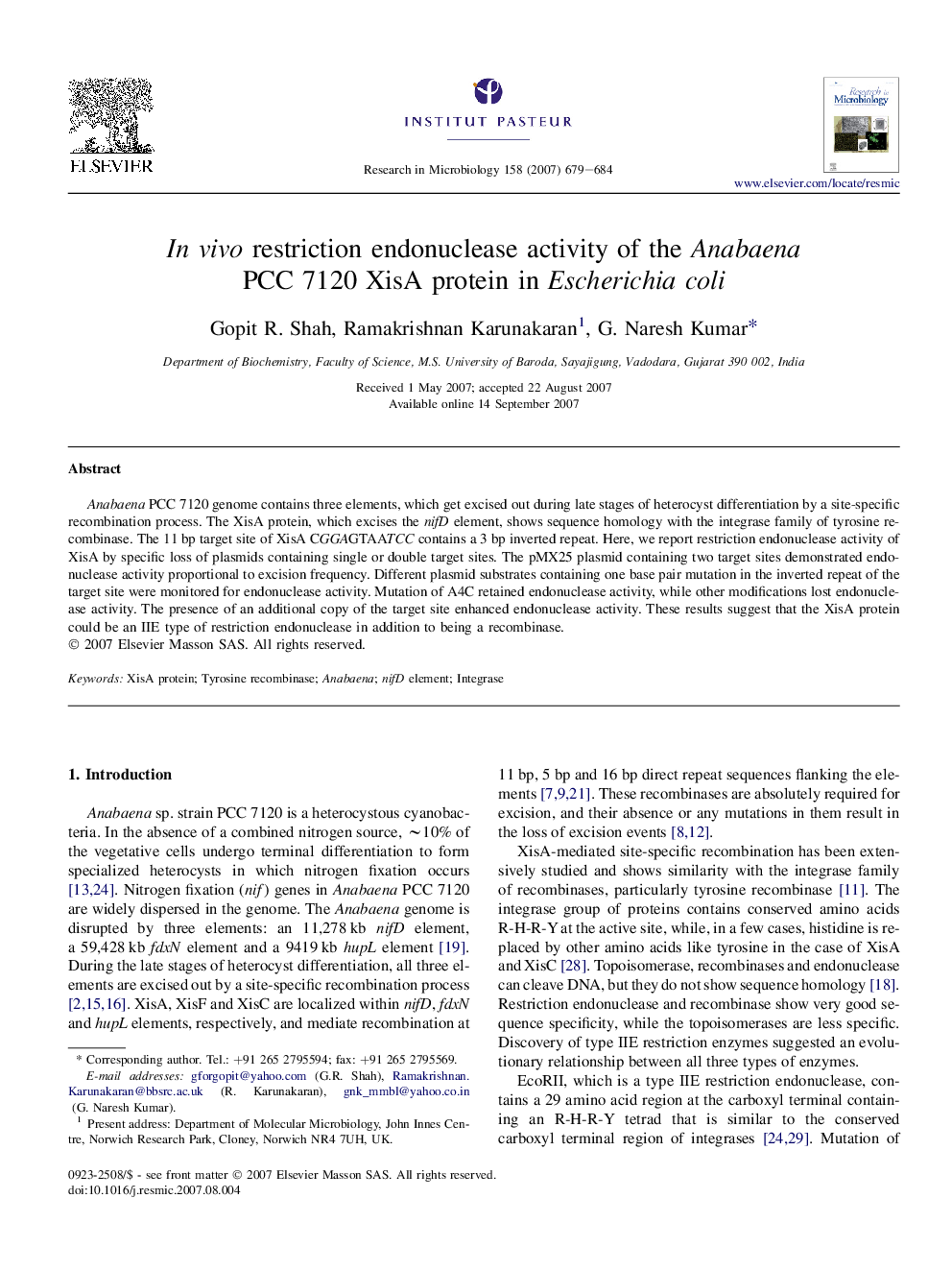 In vivo restriction endonuclease activity of the Anabaena PCC 7120 XisA protein in Escherichia coli