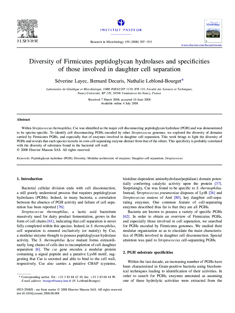 Diversity of Firmicutes peptidoglycan hydrolases and specificities of those involved in daughter cell separation