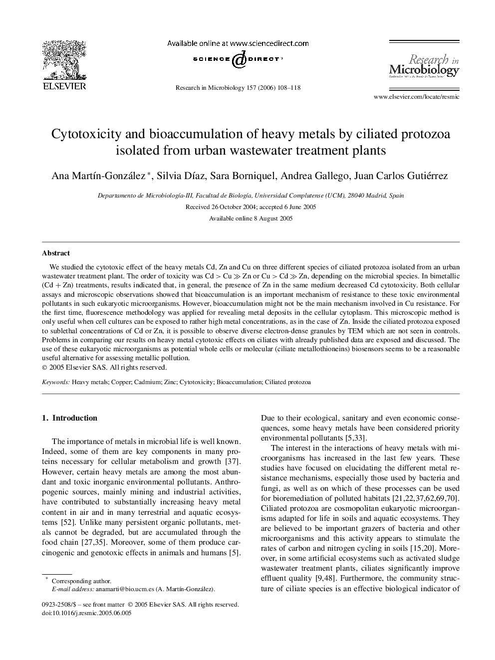 Cytotoxicity and bioaccumulation of heavy metals by ciliated protozoa isolated from urban wastewater treatment plants