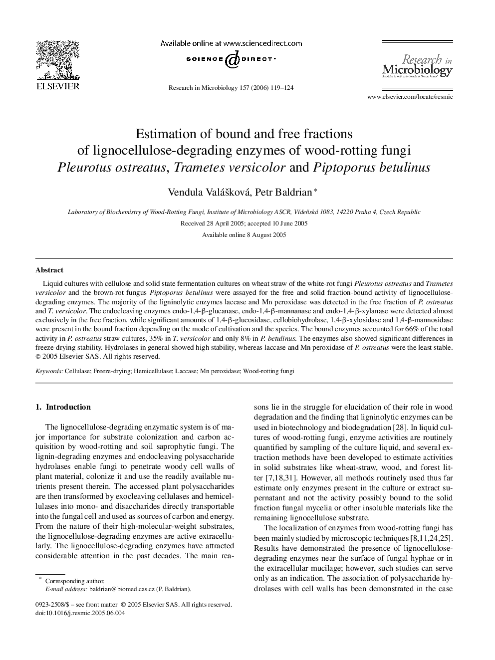 Estimation of bound and free fractions of lignocellulose-degrading enzymes of wood-rotting fungi Pleurotus ostreatus, Trametes versicolor and Piptoporus betulinus