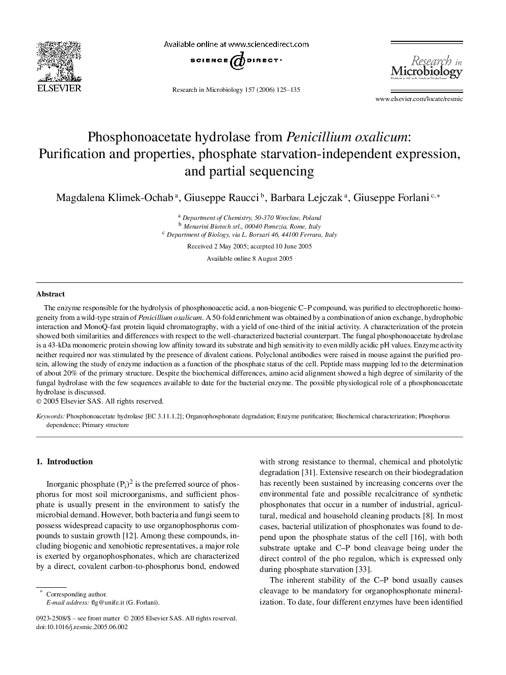 Phosphonoacetate hydrolase from Penicillium oxalicum: Purification and properties, phosphate starvation-independent expression, and partial sequencing