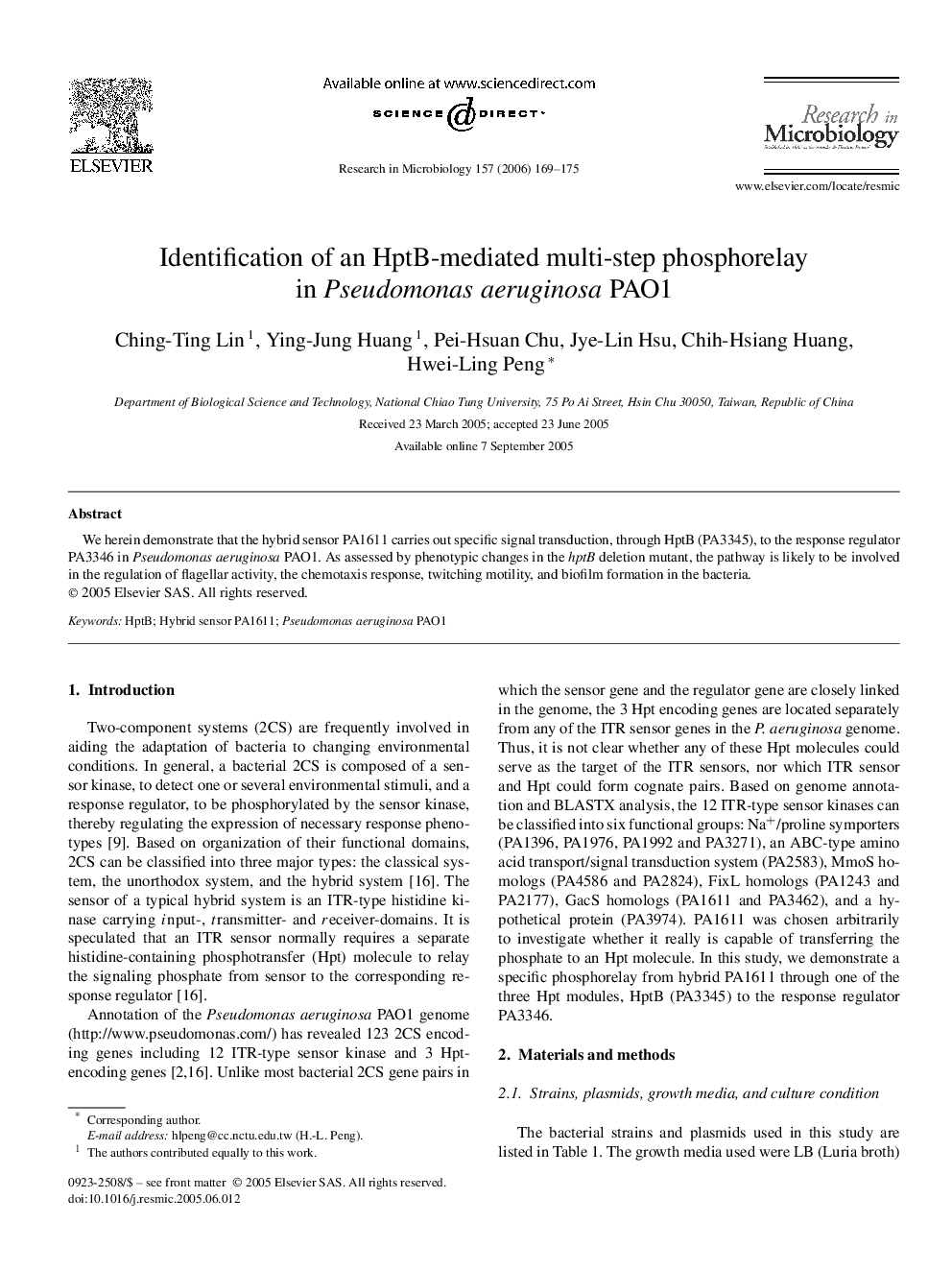 Identification of an HptB-mediated multi-step phosphorelay in Pseudomonas aeruginosa PAO1