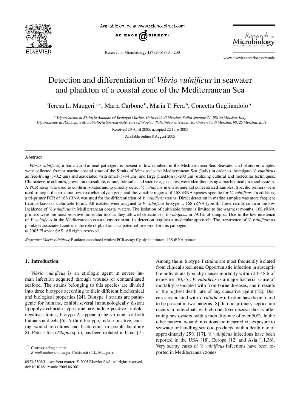 Detection and differentiation of Vibrio vulnificus in seawater and plankton of a coastal zone of the Mediterranean Sea