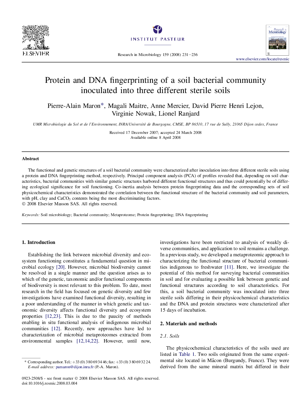 Protein and DNA fingerprinting of a soil bacterial community inoculated into three different sterile soils