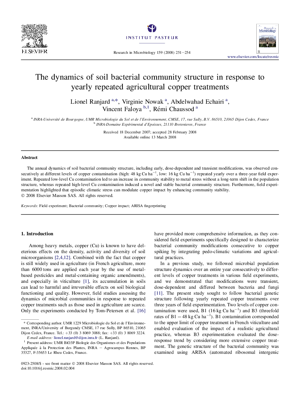 The dynamics of soil bacterial community structure in response to yearly repeated agricultural copper treatments