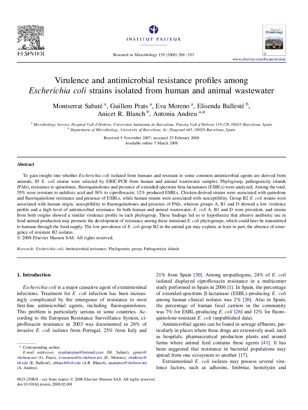 Virulence and antimicrobial resistance profiles among Escherichia coli strains isolated from human and animal wastewater