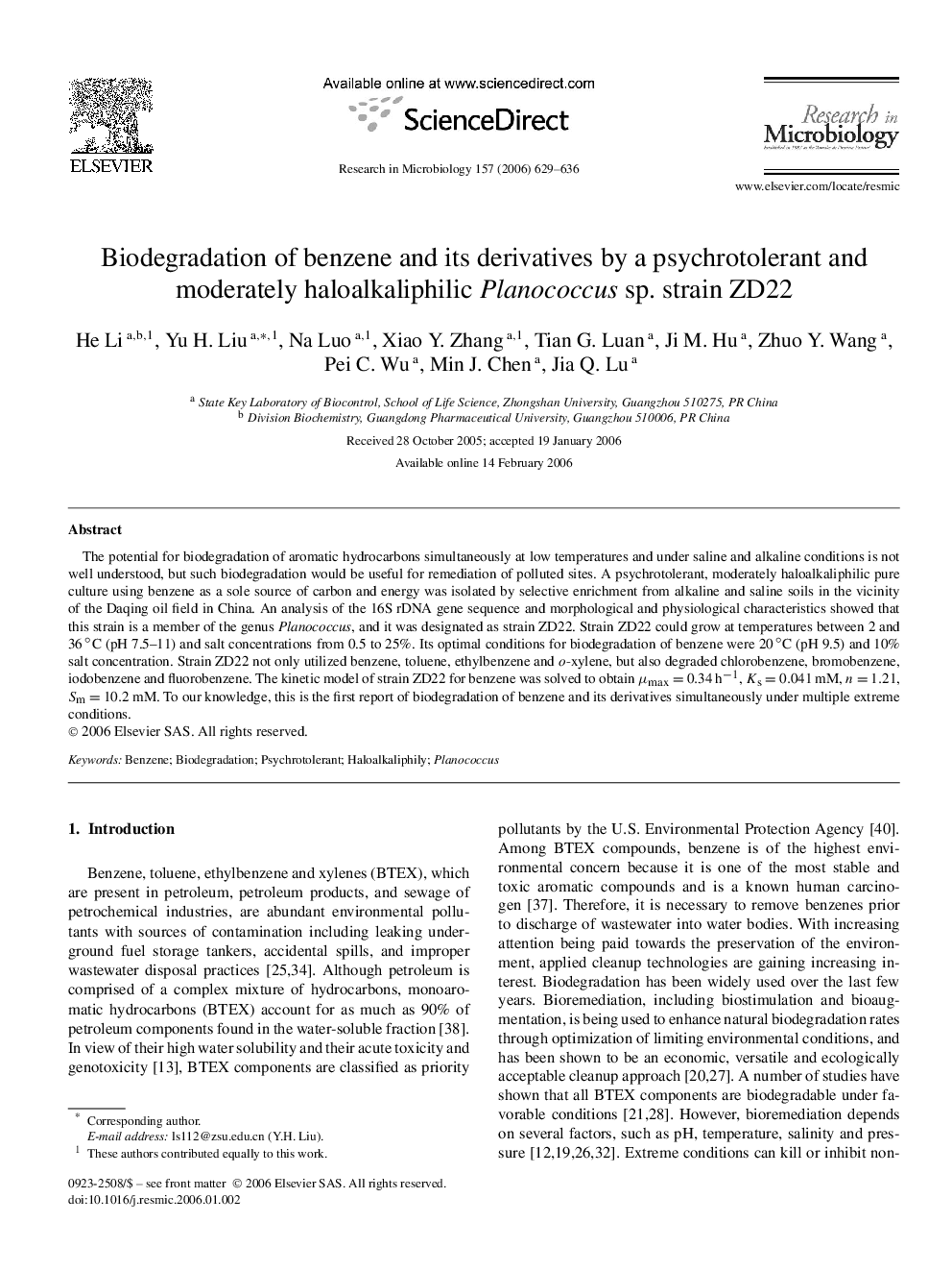 Biodegradation of benzene and its derivatives by a psychrotolerant and moderately haloalkaliphilic Planococcus sp. strain ZD22