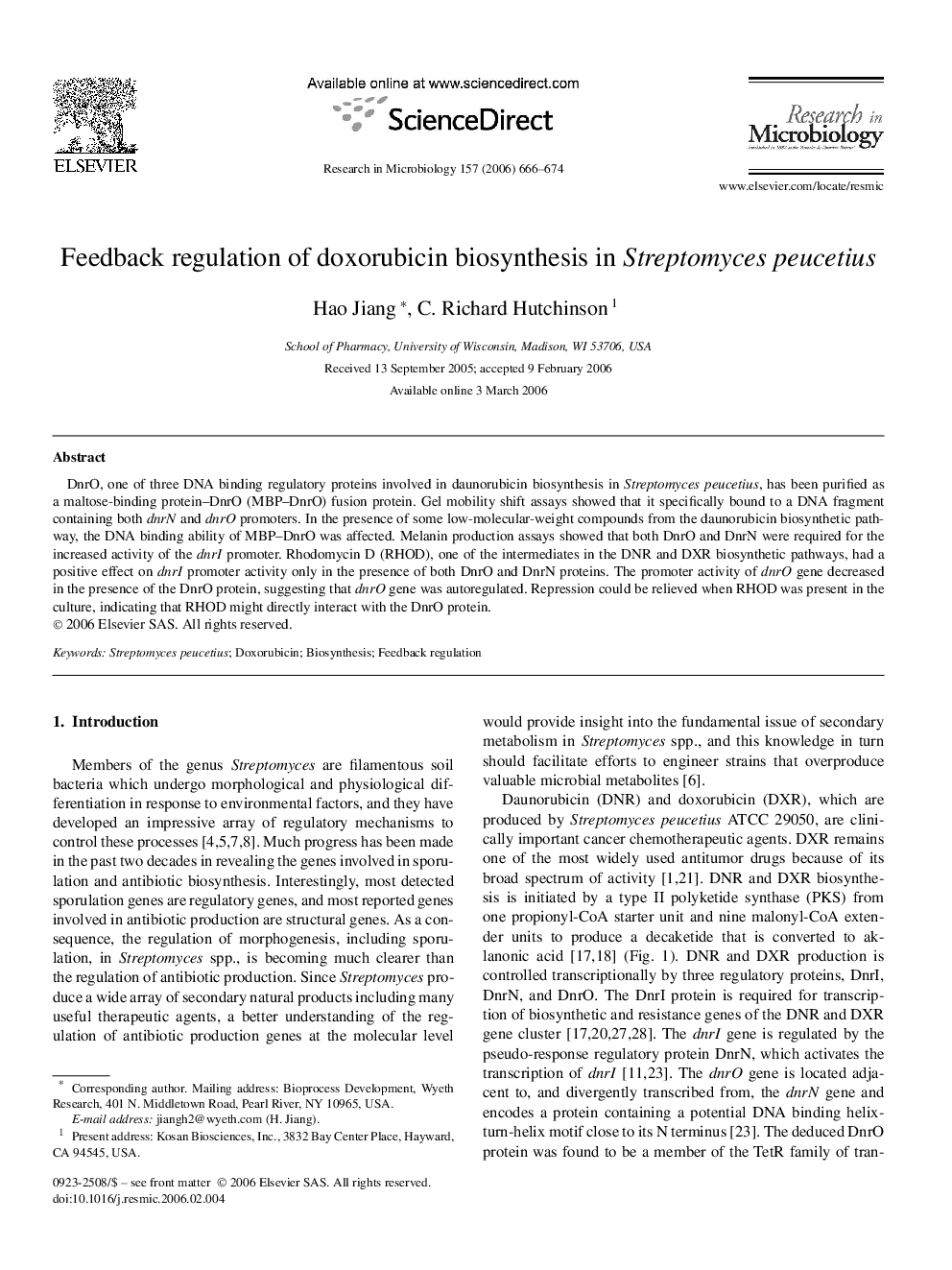 Feedback regulation of doxorubicin biosynthesis in Streptomyces peucetius