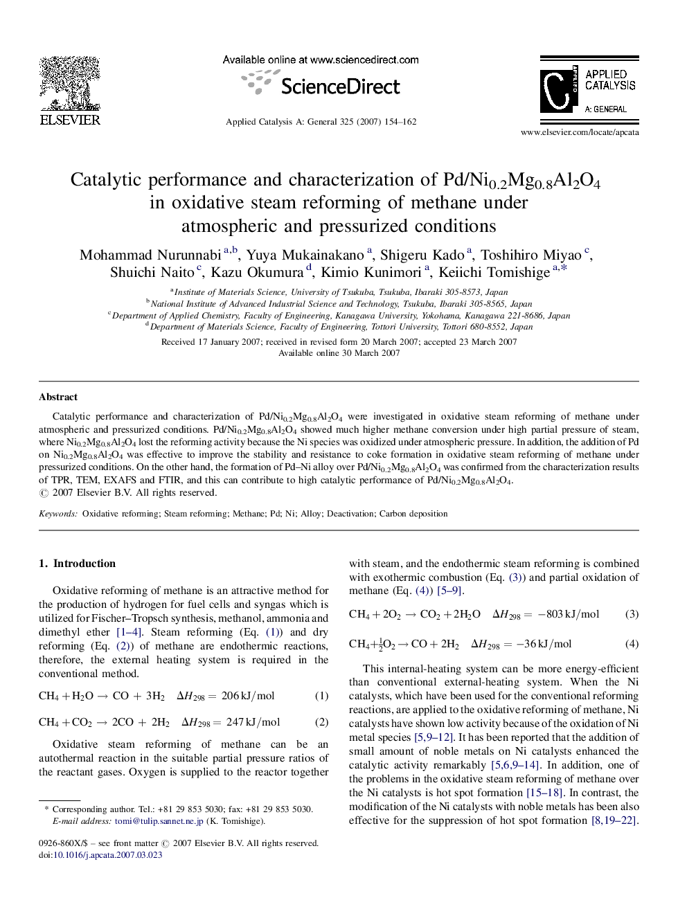 Catalytic performance and characterization of Pd/Ni0.2Mg0.8Al2O4 in oxidative steam reforming of methane under atmospheric and pressurized conditions