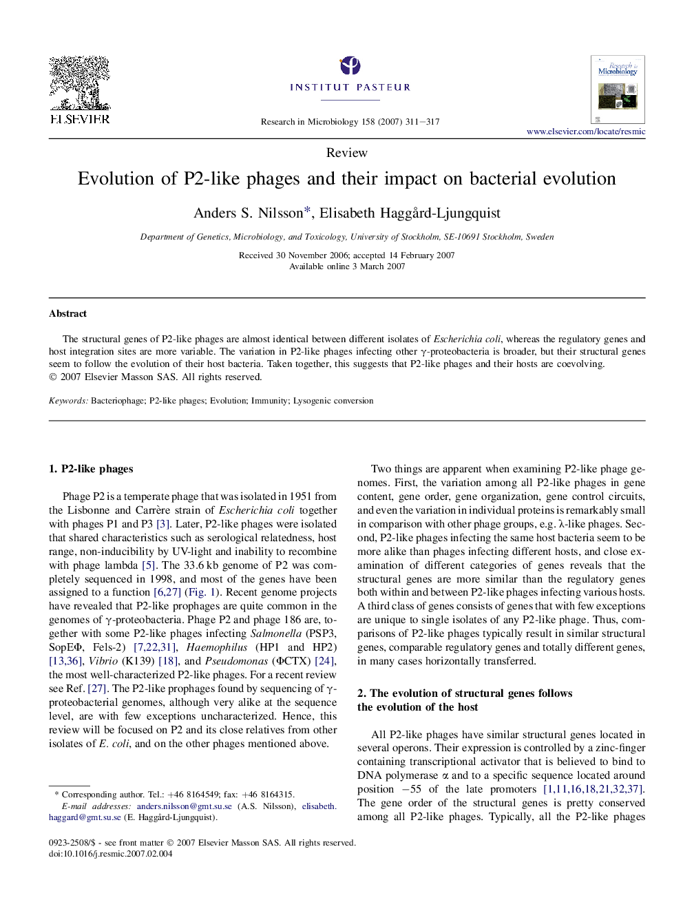 Evolution of P2-like phages and their impact on bacterial evolution