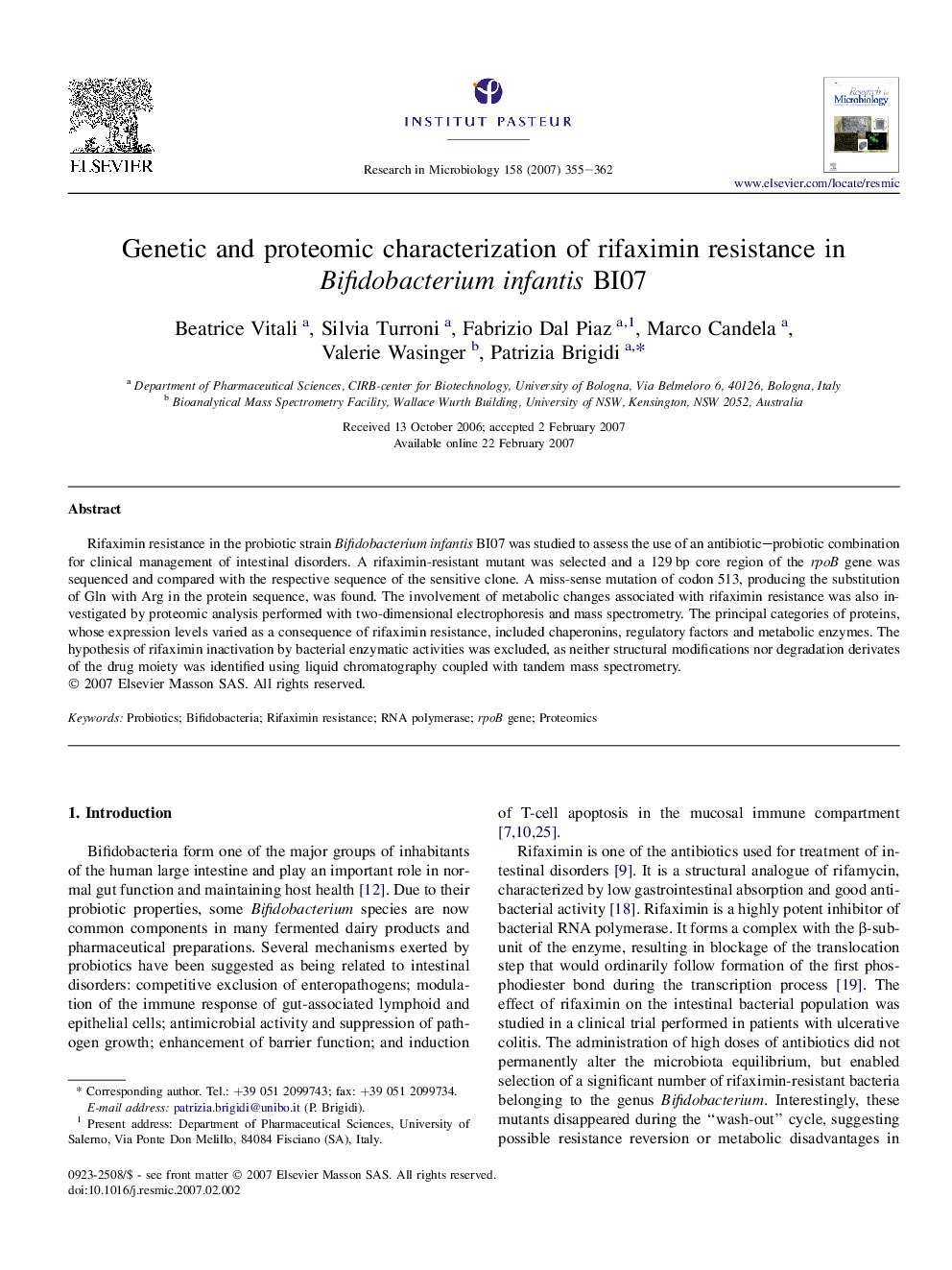 Genetic and proteomic characterization of rifaximin resistance in Bifidobacterium infantis BI07