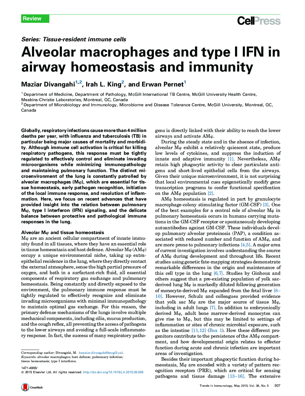 Alveolar macrophages and type I IFN in airway homeostasis and immunity