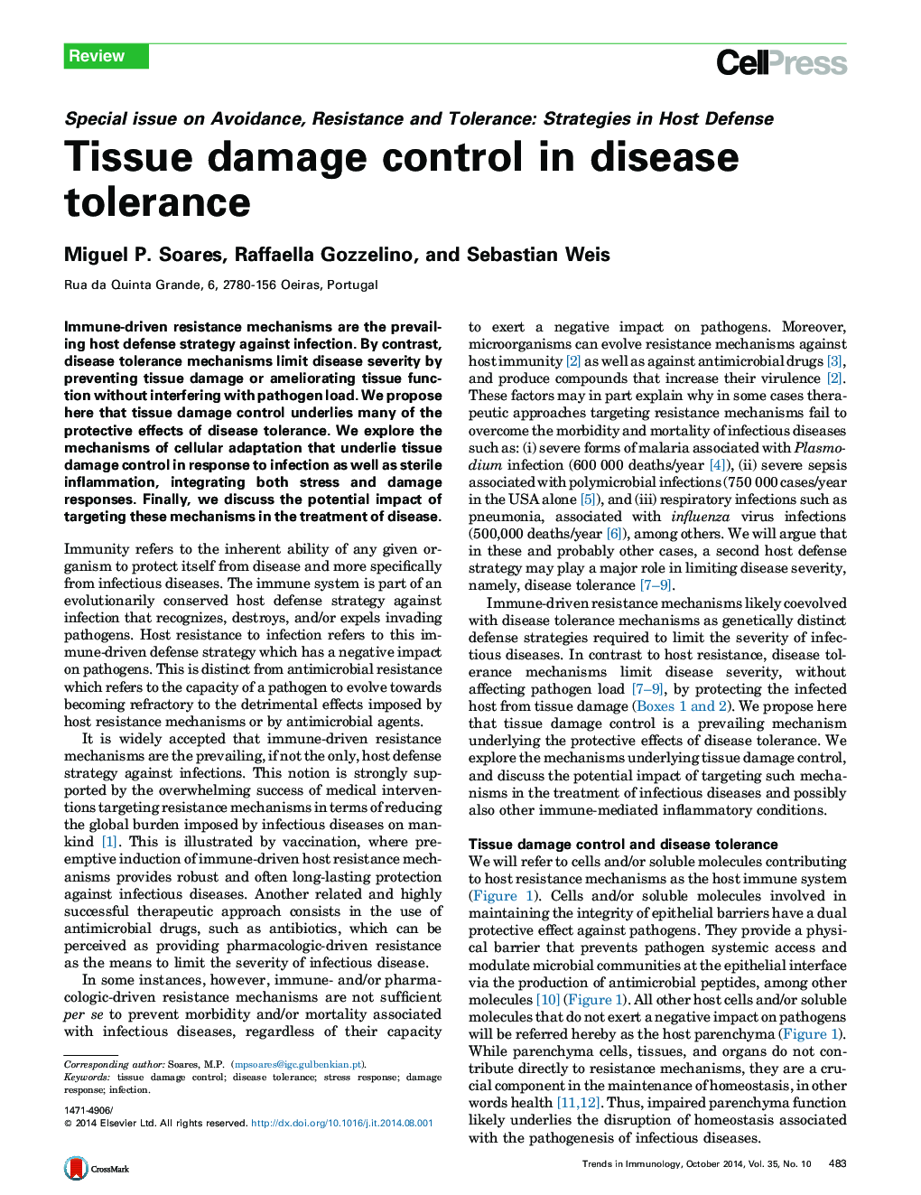 Tissue damage control in disease tolerance