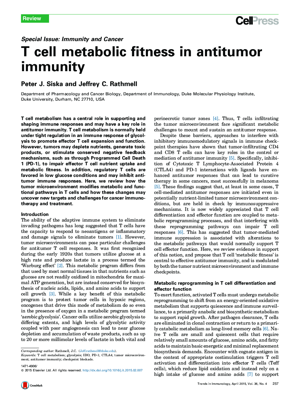 T cell metabolic fitness in antitumor immunity