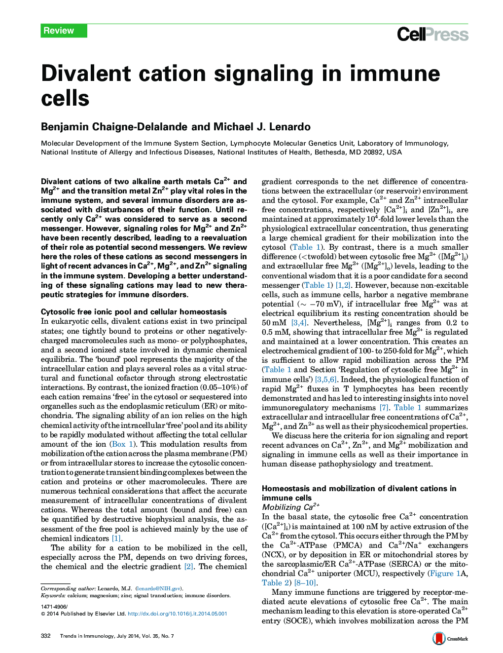 Divalent cation signaling in immune cells