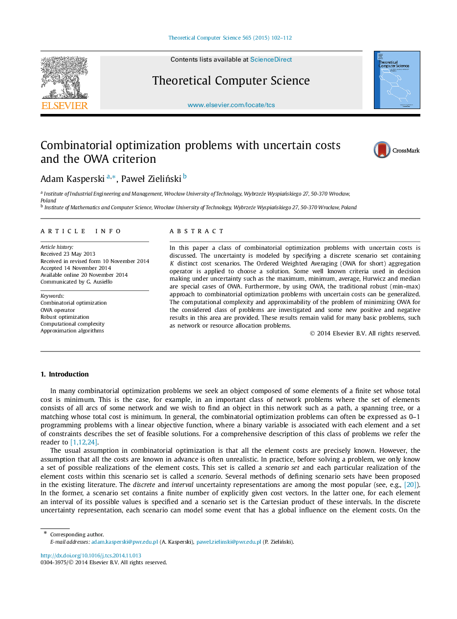 Combinatorial optimization problems with uncertain costs and the OWA criterion