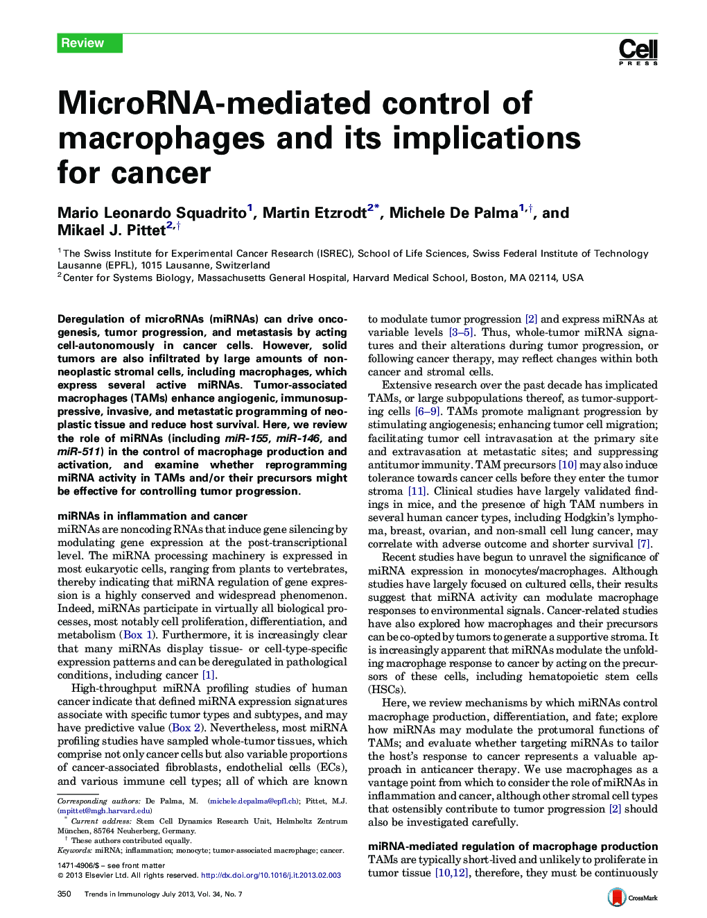 MicroRNA-mediated control of macrophages and its implications for cancer