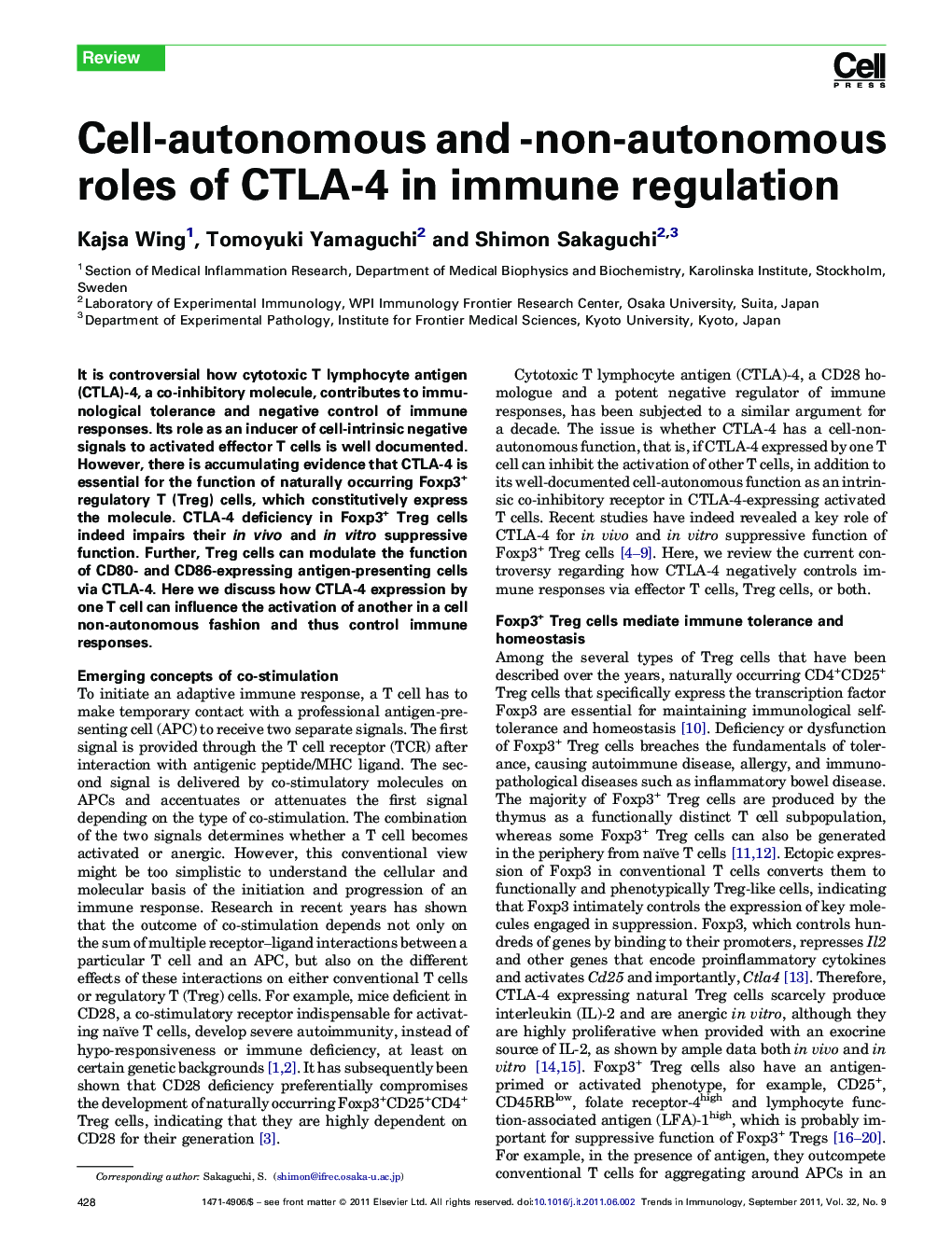 Cell-autonomous and -non-autonomous roles of CTLA-4 in immune regulation