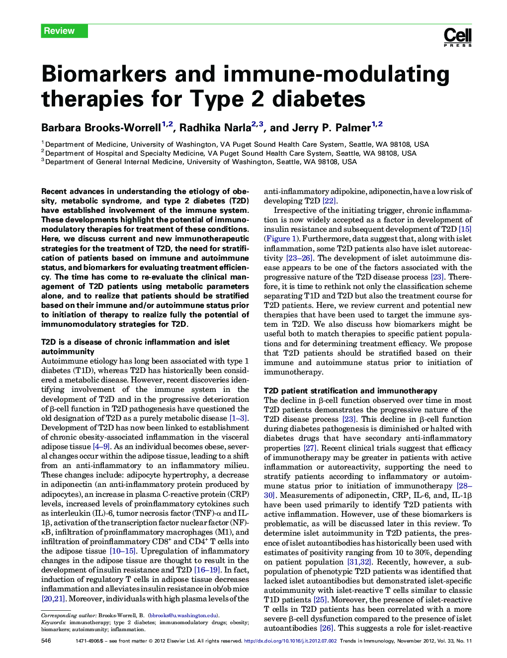 Biomarkers and immune-modulating therapies for Type 2 diabetes