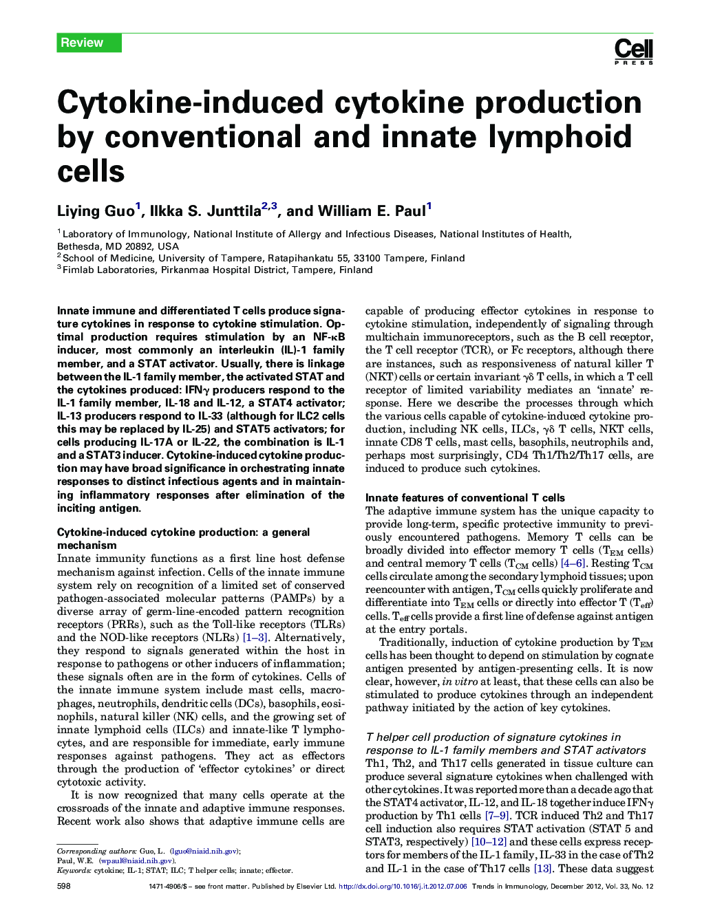 Cytokine-induced cytokine production by conventional and innate lymphoid cells