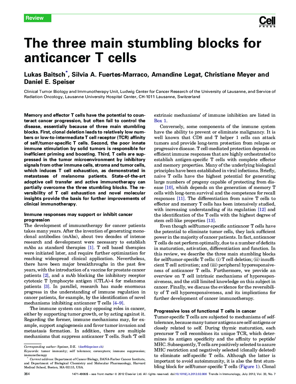 The three main stumbling blocks for anticancer T cells