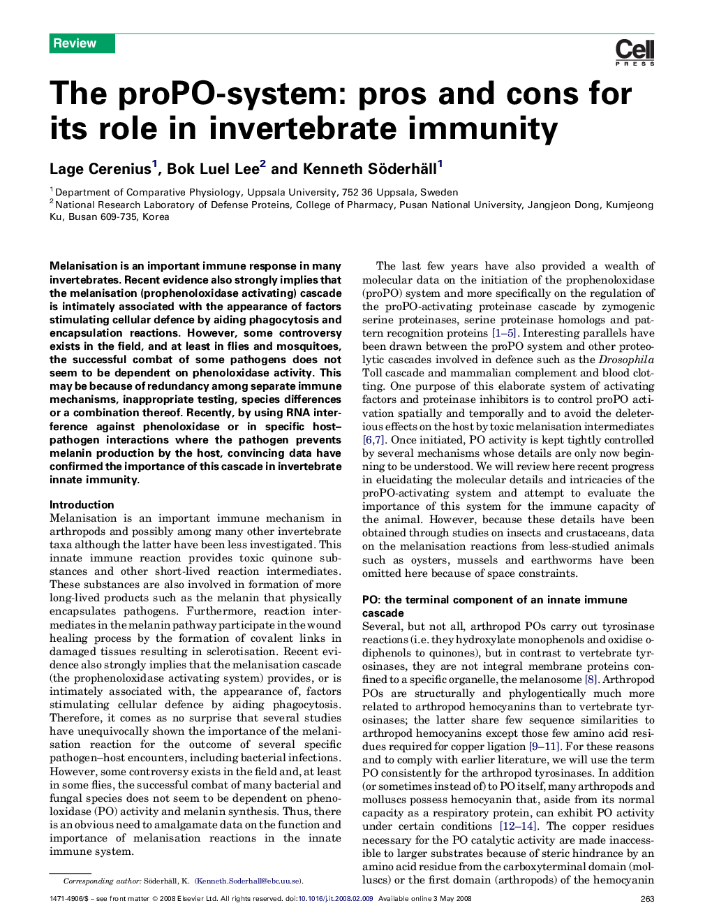 عکس صفحه اول مقاله: The proPO-system: pros and cons for its role in invertebrate immunity The proPO-system: pros and cons for its role in invertebrate immunity