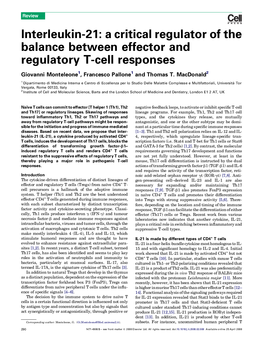 عکس صفحه اول مقاله: Interleukin-21: a critical regulator of the balance between effector and regulatory T-cell responses Interleukin-21: a critical regulator of the balance between effector and regulatory T-cell responses