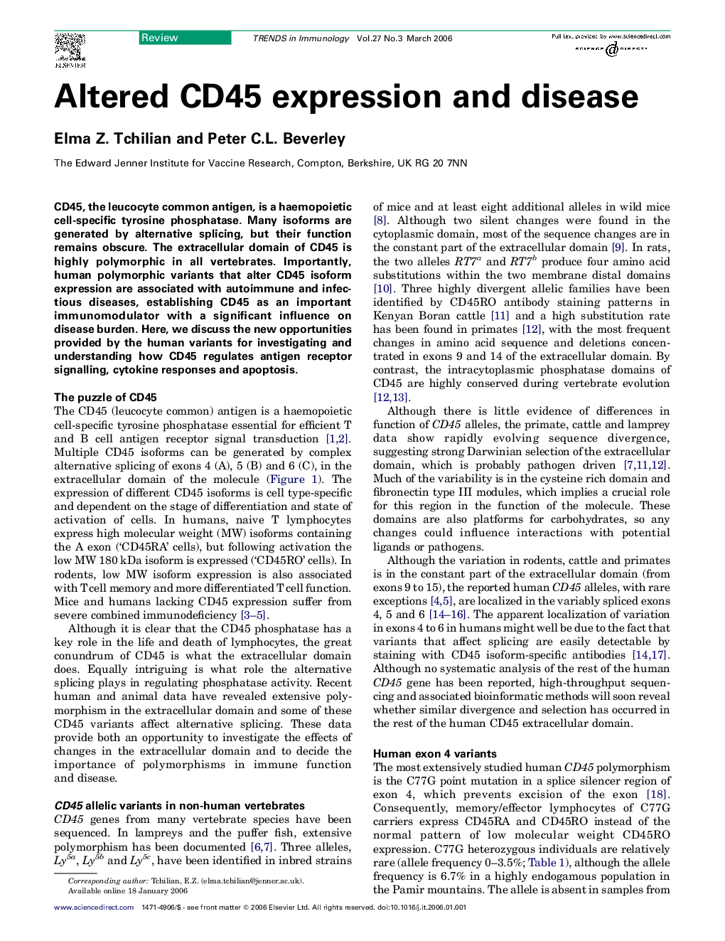 Altered CD45 expression and disease