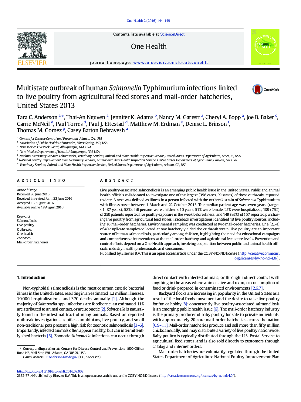 Multistate outbreak of human Salmonella Typhimurium infections linked to live poultry from agricultural feed stores and mail-order hatcheries, United States 2013