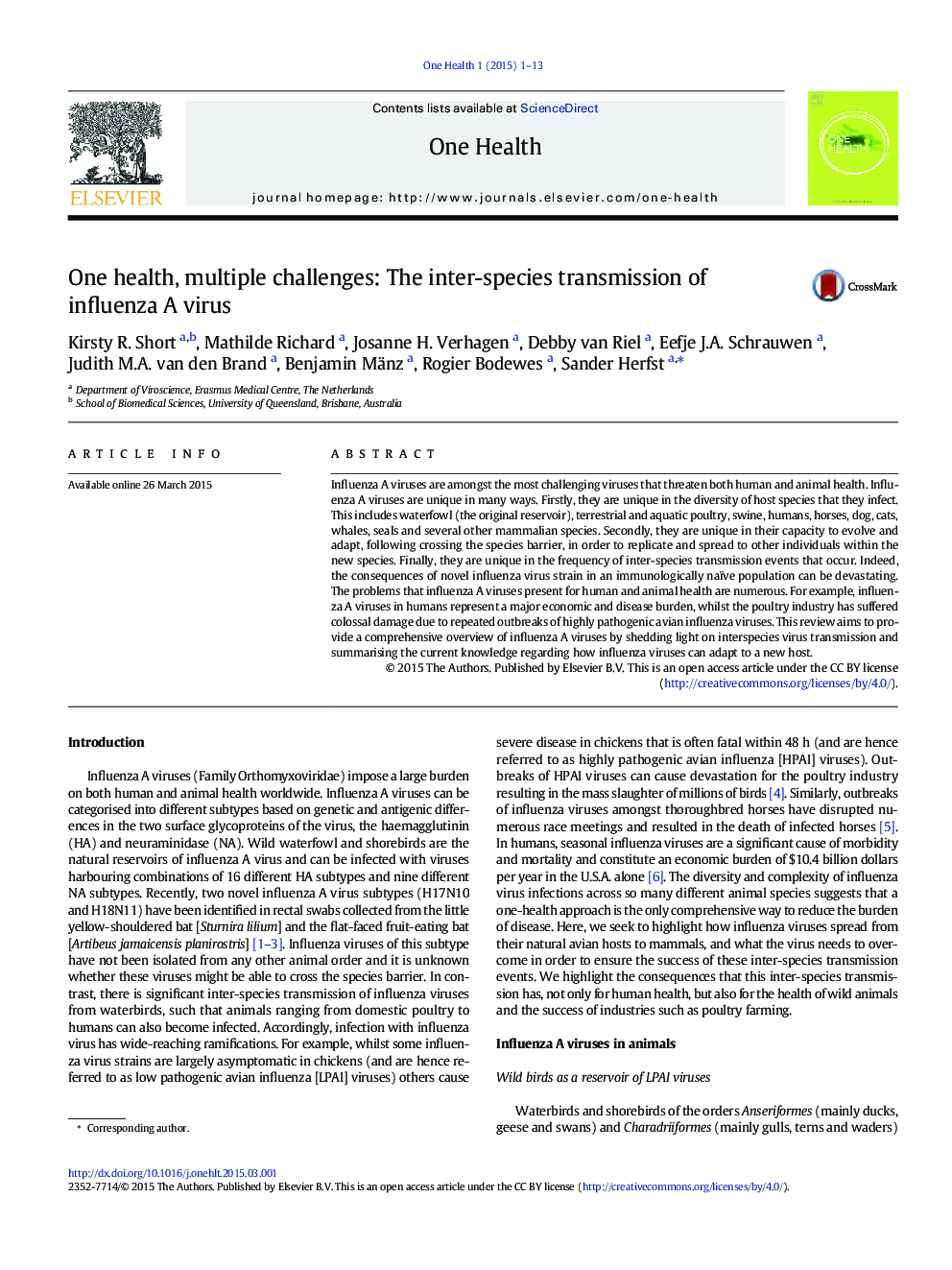 One health, multiple challenges: The inter-species transmission of influenza A virus