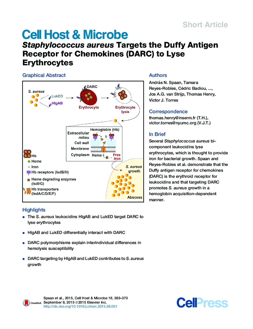 Staphylococcus aureus Targets the Duffy Antigen Receptor for Chemokines (DARC) to Lyse Erythrocytes