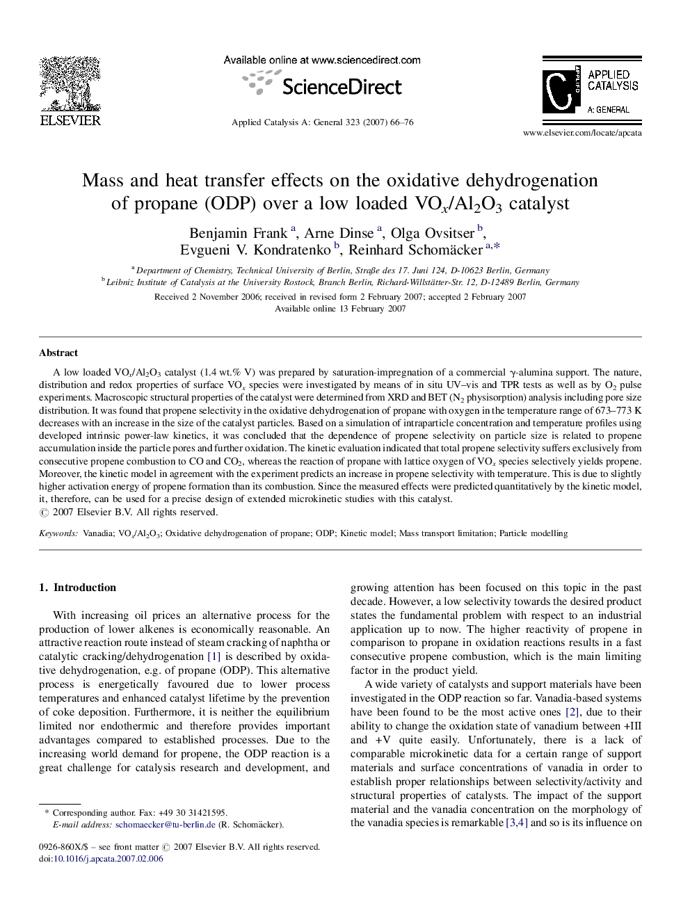 Mass and heat transfer effects on the oxidative dehydrogenation of propane (ODP) over a low loaded VOx/Al2O3 catalyst