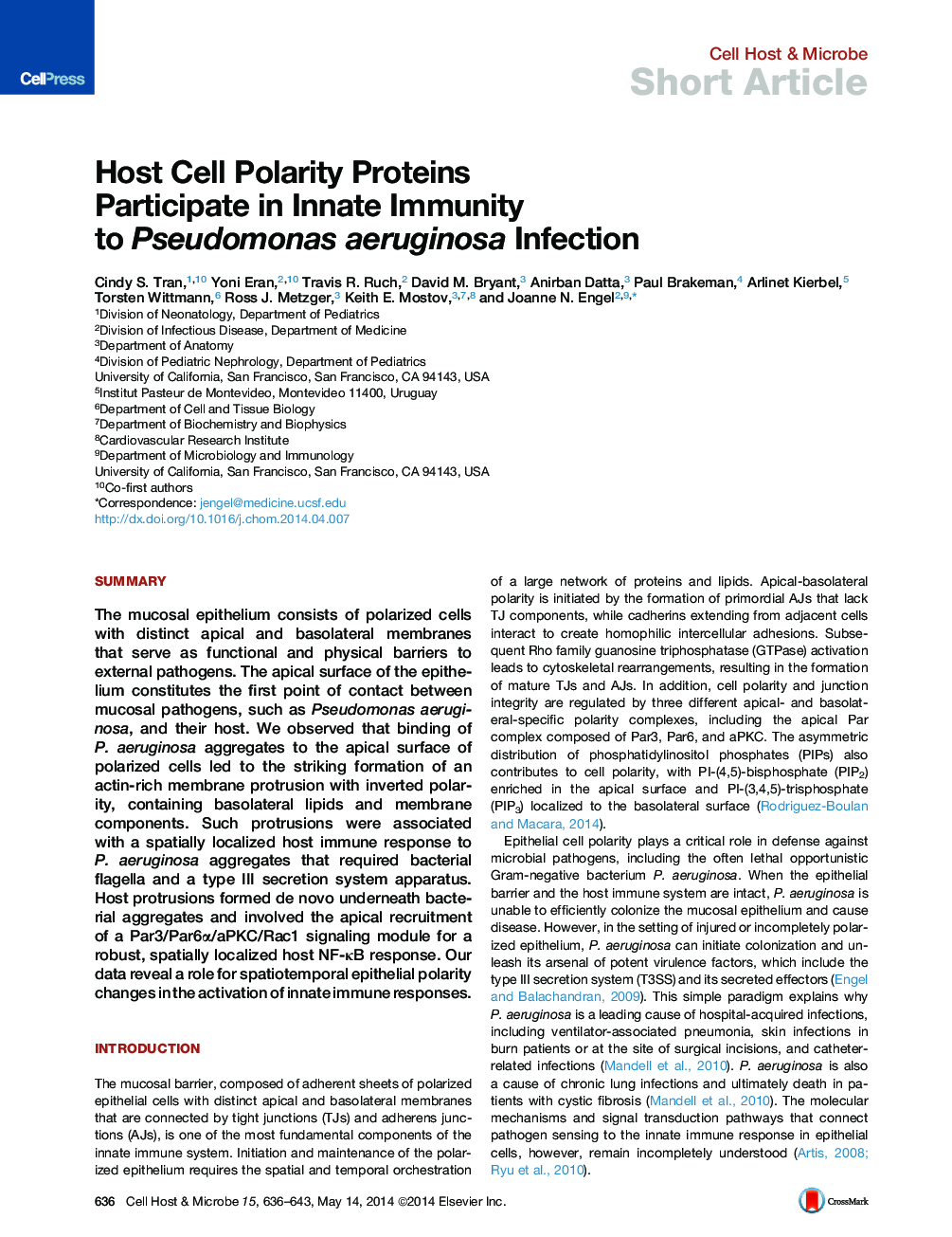 Host Cell Polarity Proteins Participate in Innate Immunity to Pseudomonas aeruginosa Infection