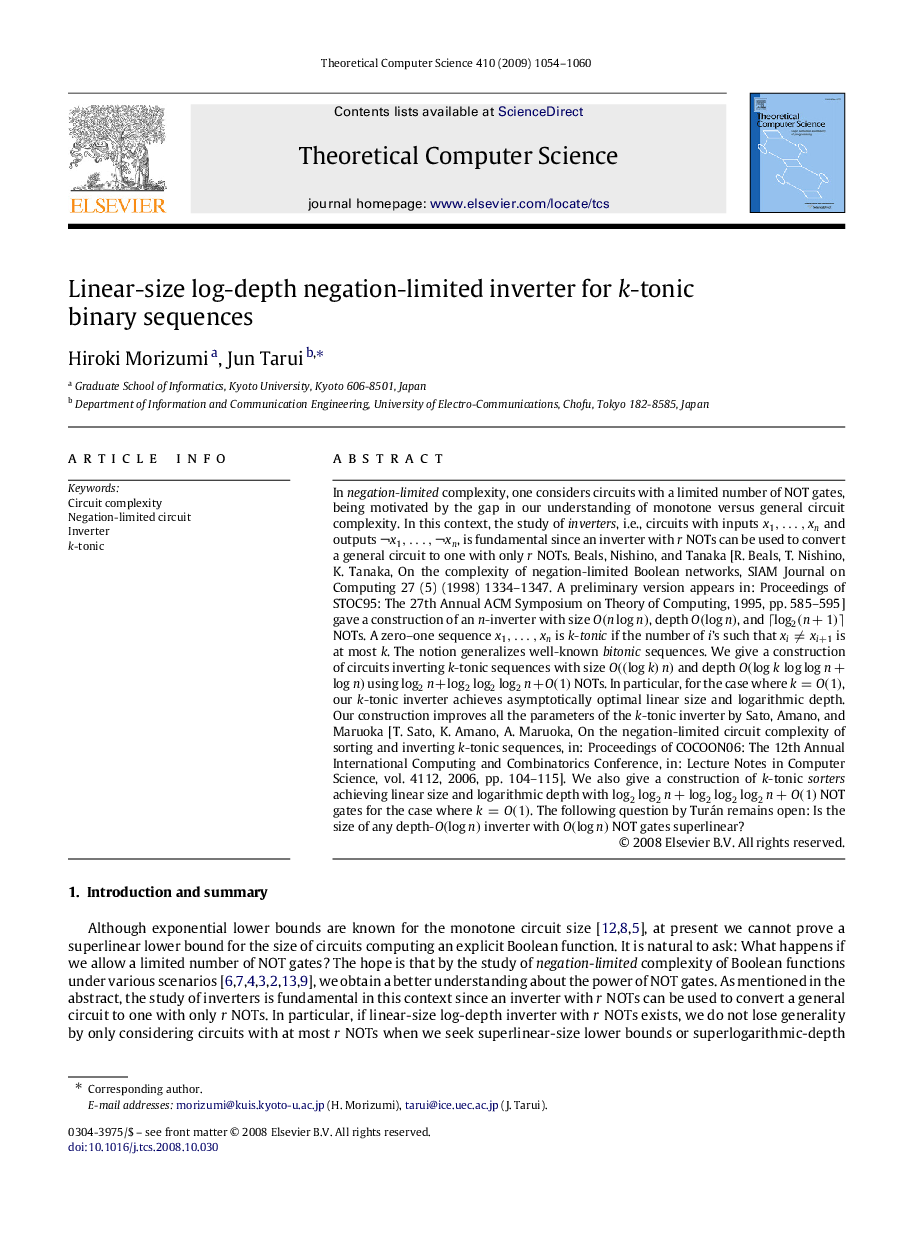 Linear-size log-depth negation-limited inverter for k-tonic binary sequences