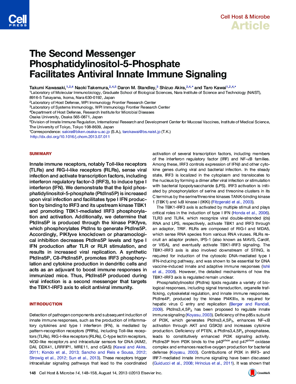 The Second Messenger Phosphatidylinositol-5-Phosphate Facilitates Antiviral Innate Immune Signaling