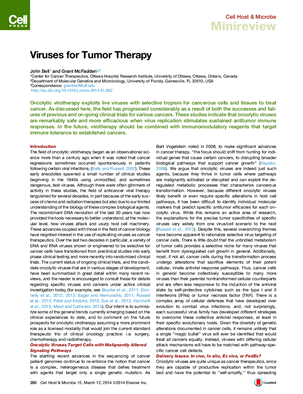 Viruses for Tumor Therapy