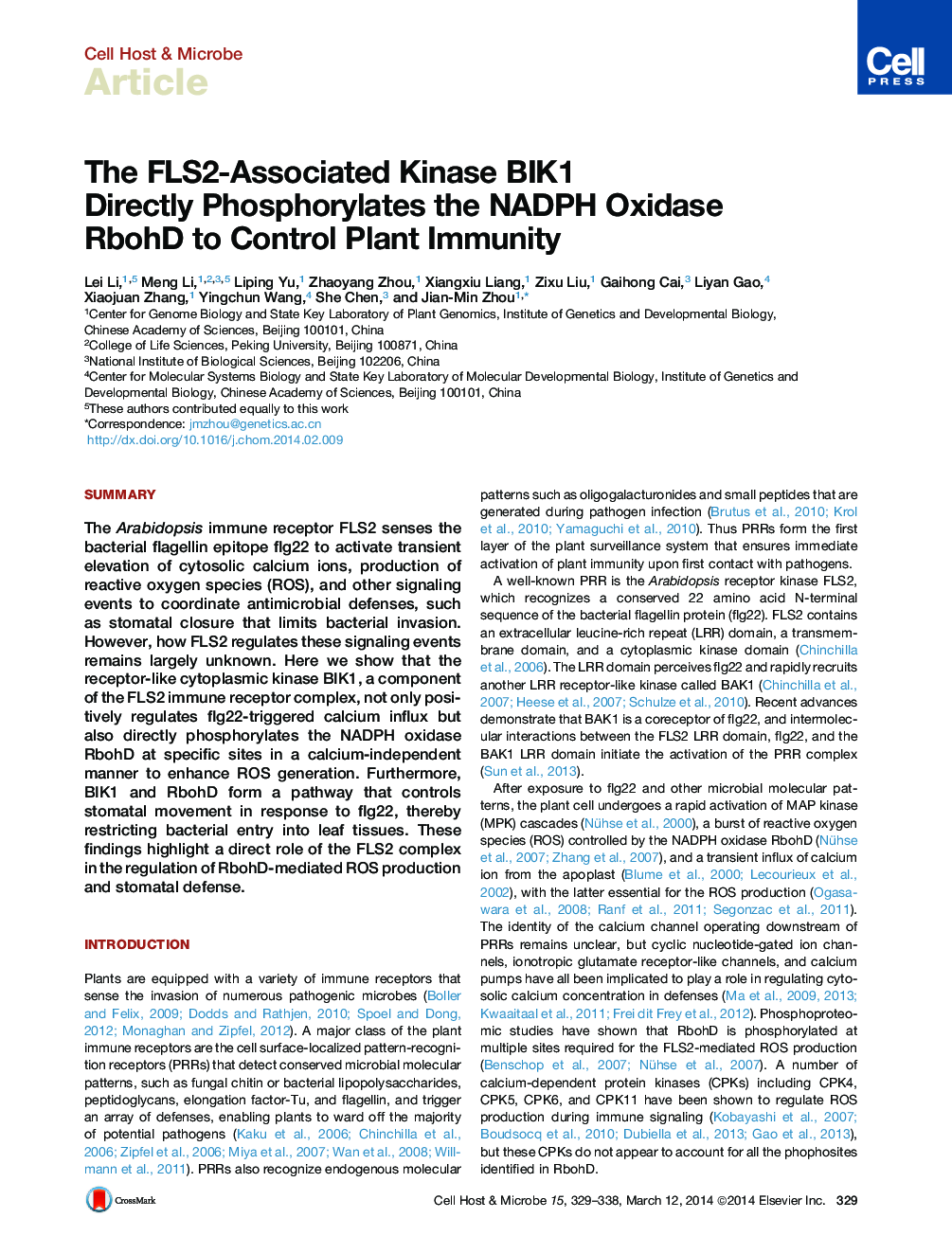 The FLS2-Associated Kinase BIK1 Directly Phosphorylates the NADPH Oxidase RbohD to Control Plant Immunity