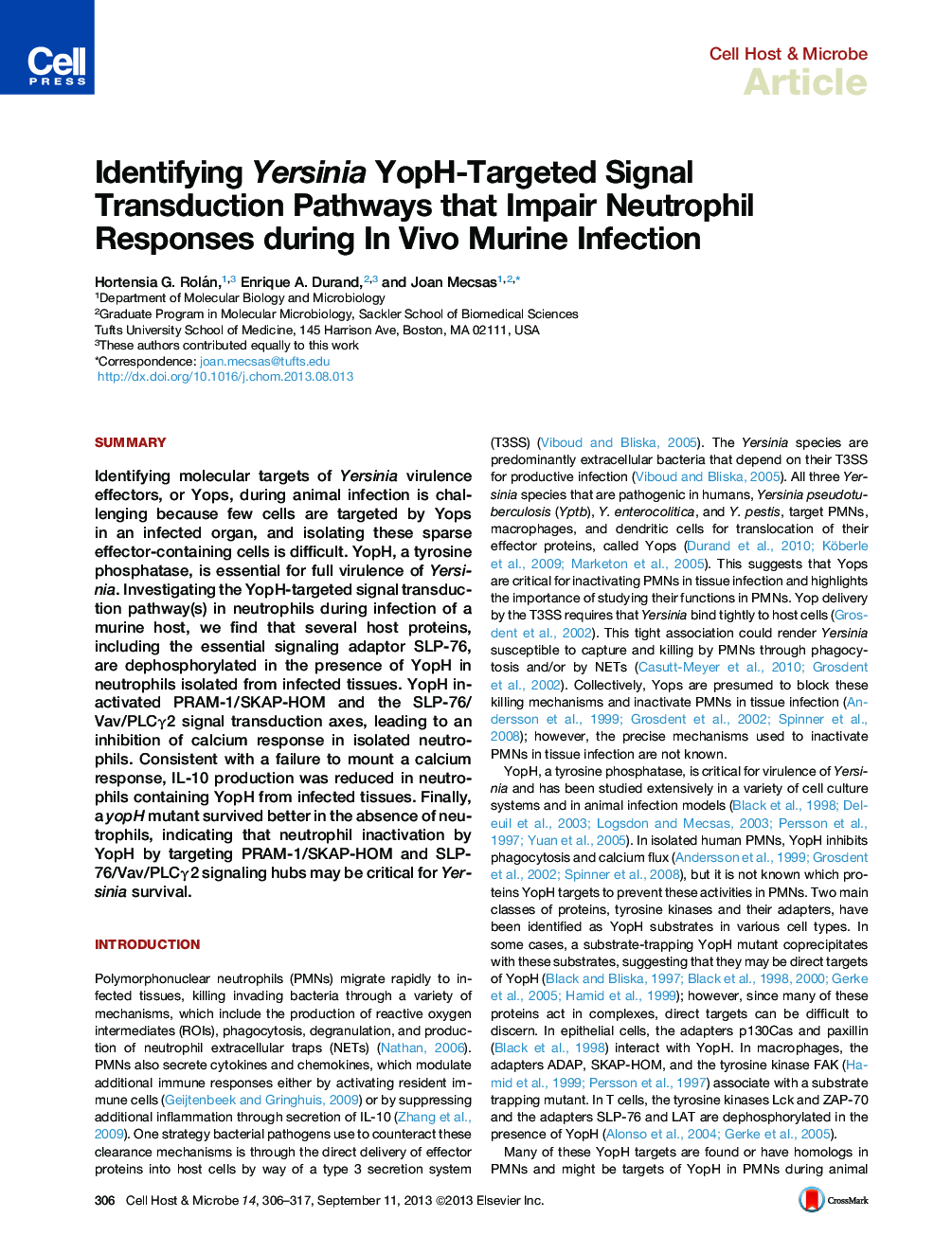 Identifying Yersinia YopH-Targeted Signal Transduction Pathways that Impair Neutrophil Responses during In Vivo Murine Infection