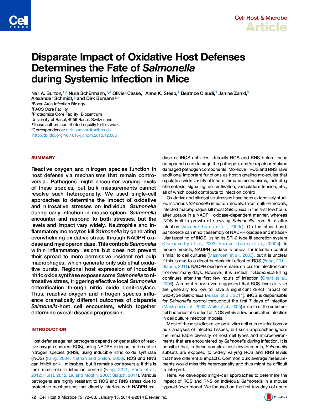 Disparate Impact of Oxidative Host Defenses Determines the Fate of Salmonella during Systemic Infection in Mice