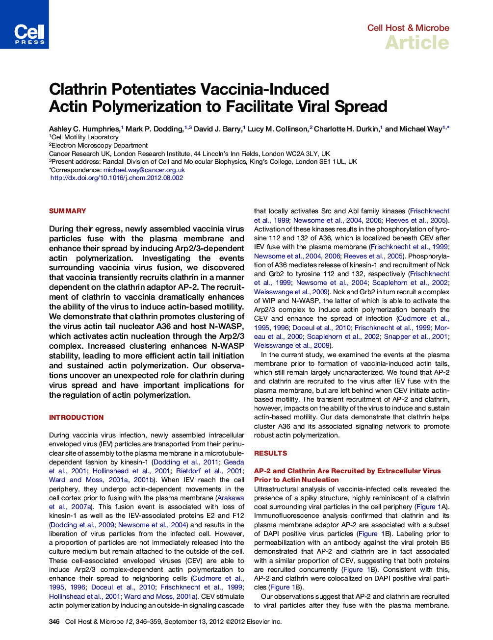 Clathrin Potentiates Vaccinia-Induced Actin Polymerization to Facilitate Viral Spread