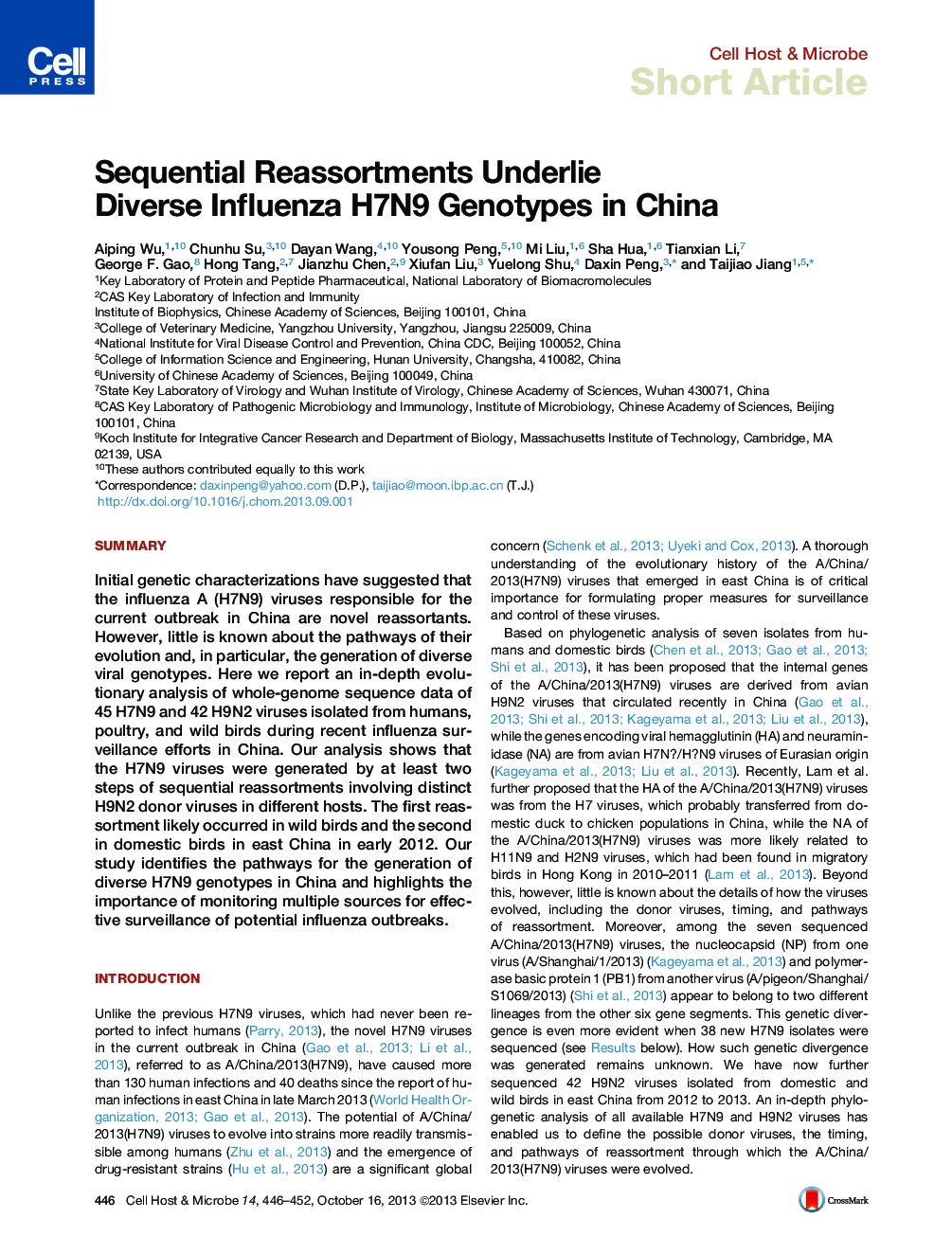 Sequential Reassortments Underlie Diverse Influenza H7N9 Genotypes in China