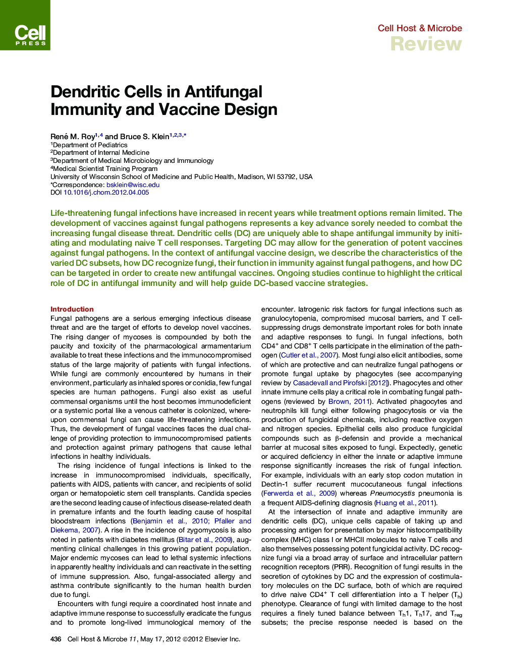 Dendritic Cells in Antifungal Immunity and Vaccine Design