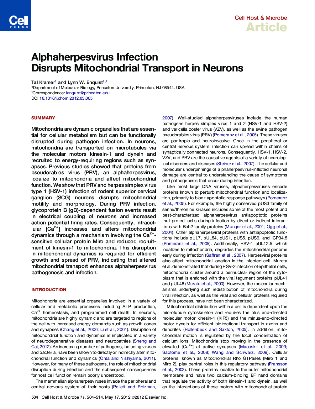 عکس صفحه اول مقاله: Alphaherpesvirus Infection Disrupts Mitochondrial Transport in Neurons Alphaherpesvirus Infection Disrupts Mitochondrial Transport in Neurons