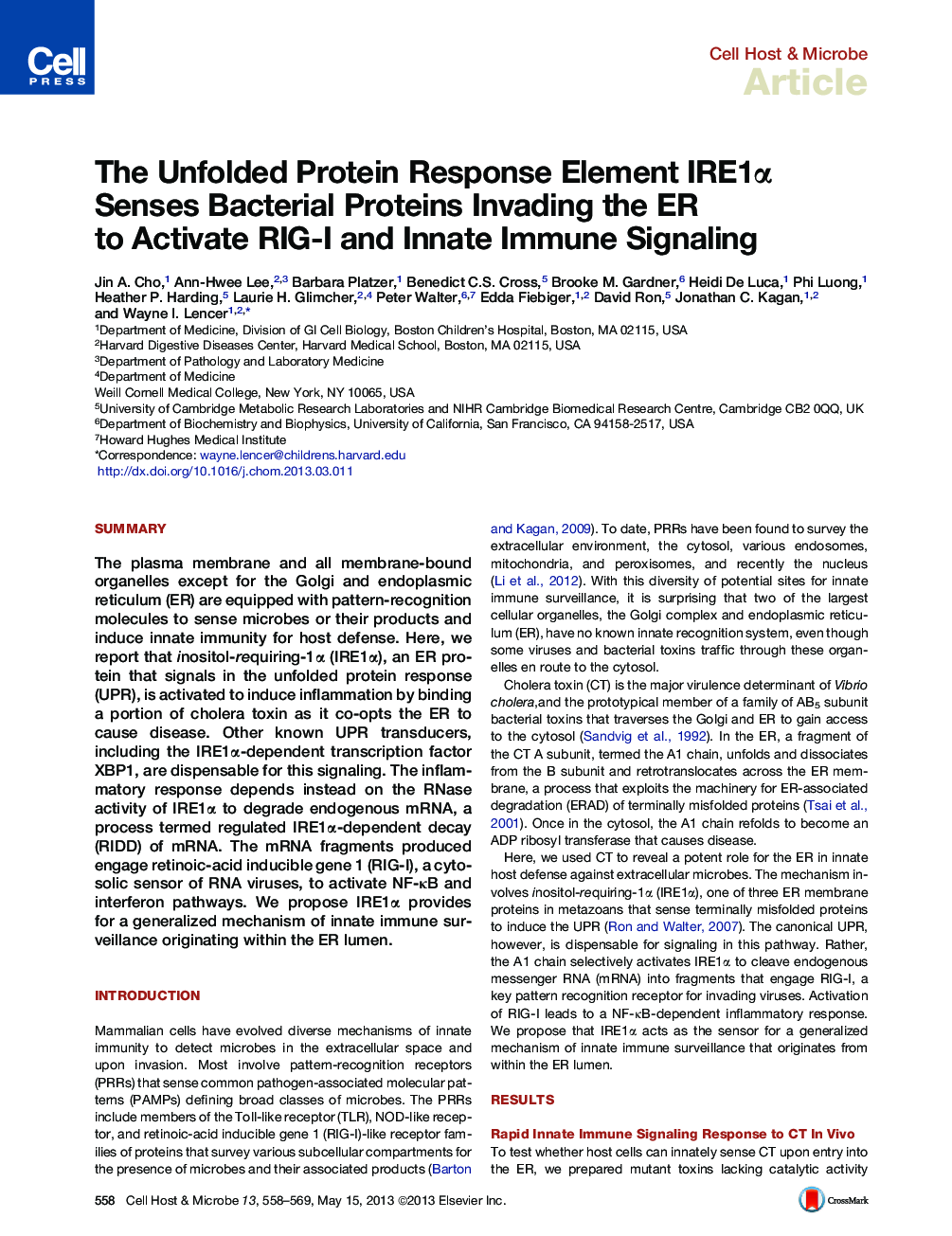 The Unfolded Protein Response Element IRE1α Senses Bacterial Proteins Invading the ER to Activate RIG-I and Innate Immune Signaling