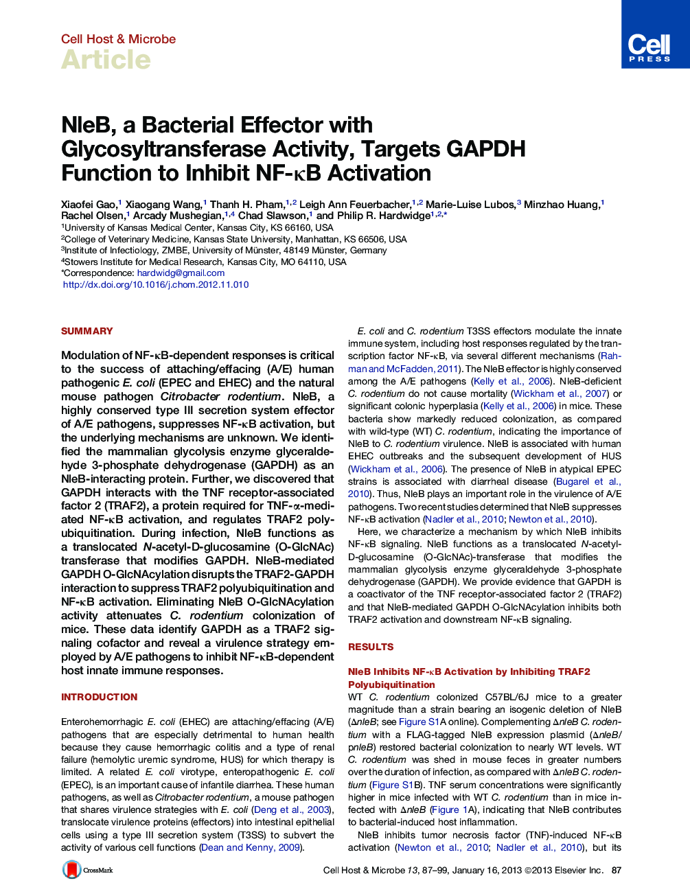 NleB, a Bacterial Effector with Glycosyltransferase Activity, Targets GAPDH Function to Inhibit NF-κB Activation