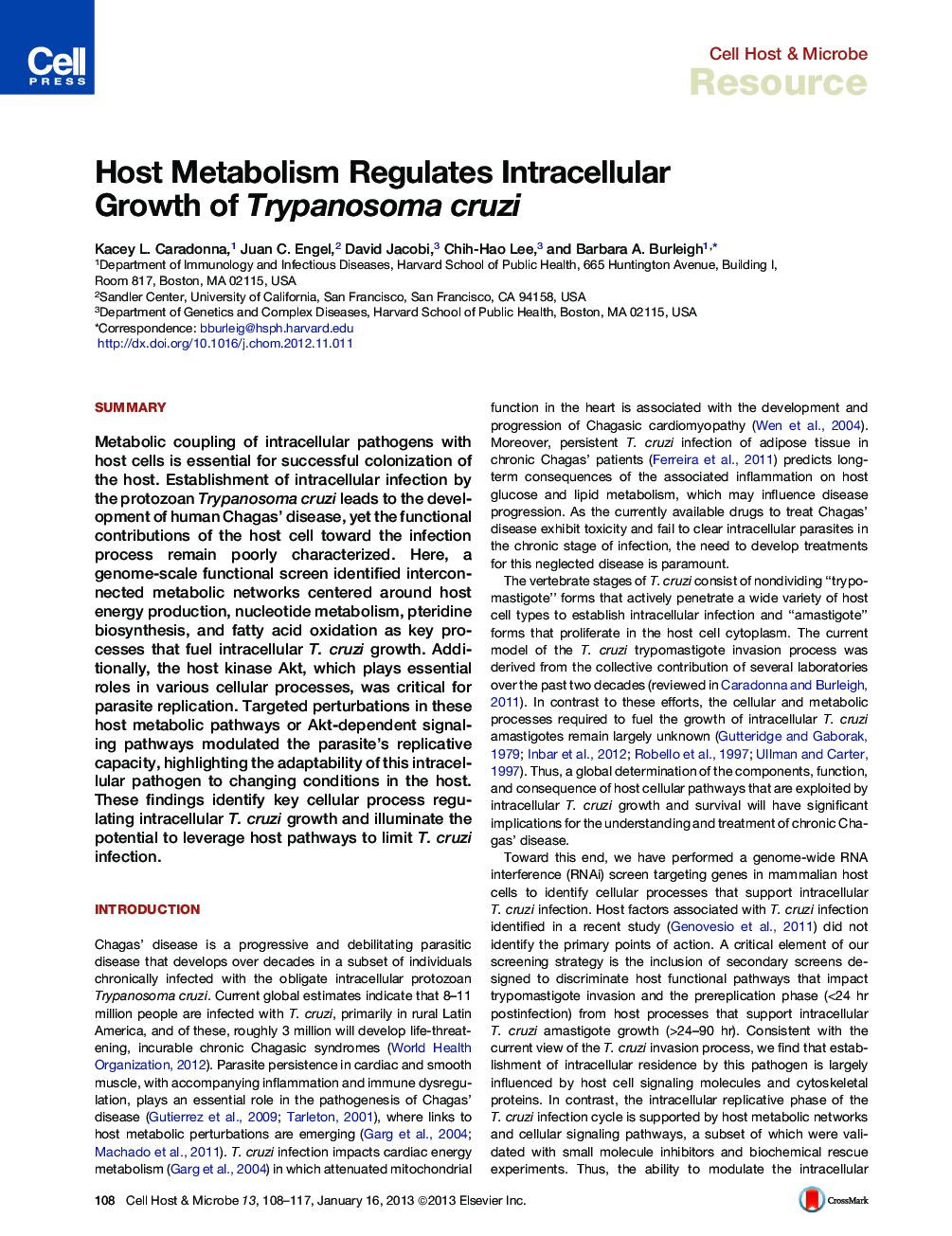 Host Metabolism Regulates Intracellular Growth of Trypanosoma cruzi