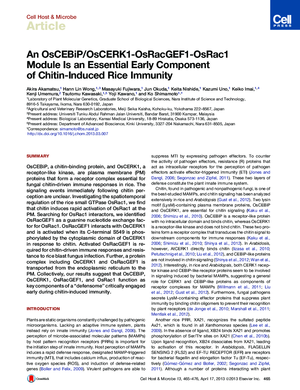 An OsCEBiP/OsCERK1-OsRacGEF1-OsRac1 Module Is an Essential Early Component of Chitin-Induced Rice Immunity