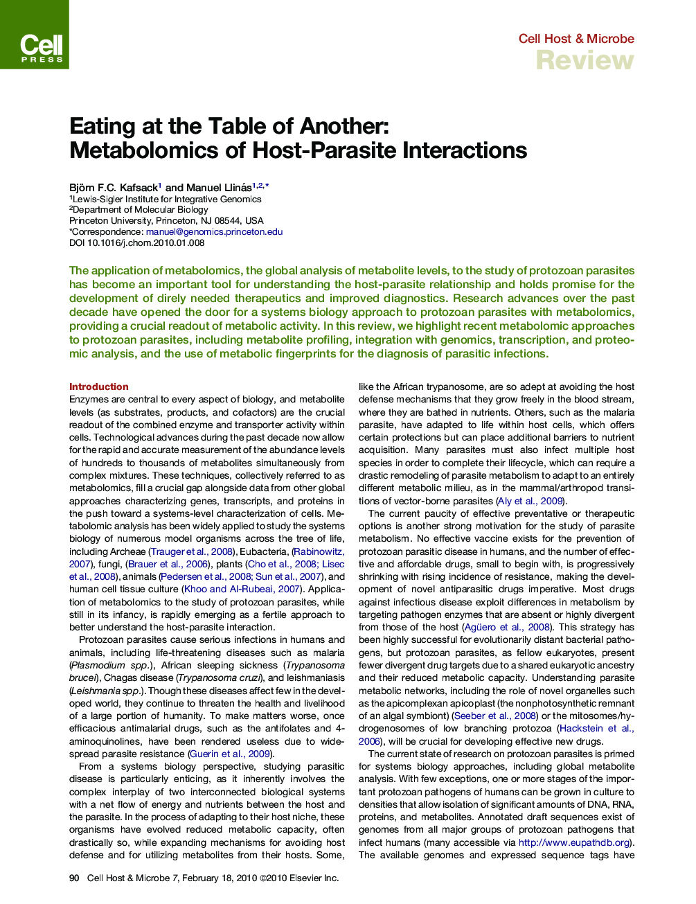 Eating at the Table of Another: Metabolomics of Host-Parasite Interactions