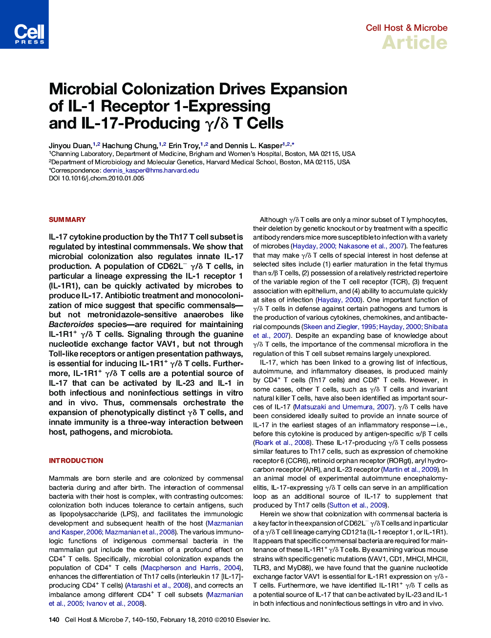 Microbial Colonization Drives Expansion of IL-1 Receptor 1-Expressing and IL-17-Producing γ/δ T Cells