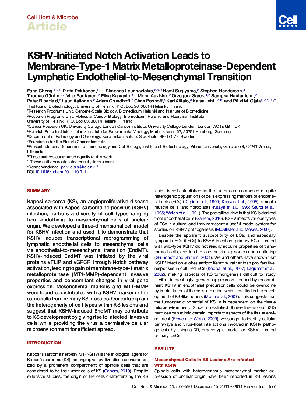 KSHV-Initiated Notch Activation Leads to Membrane-Type-1 Matrix Metalloproteinase-Dependent Lymphatic Endothelial-to-Mesenchymal Transition